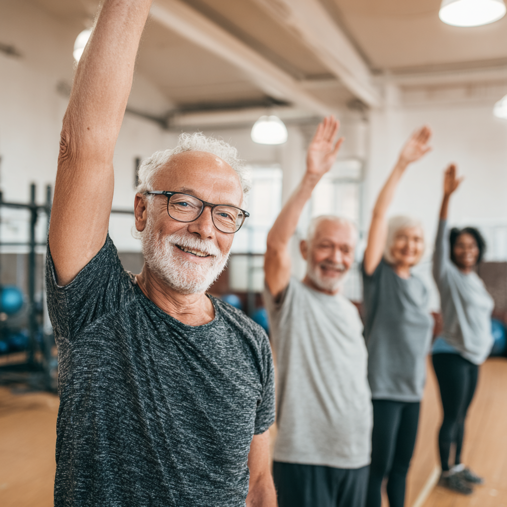 Група людей віком 50-60 років виконує різноманітні фітнес-вправи в просторому залі з сучасним обладнанням, демонструючи командний дух та активність