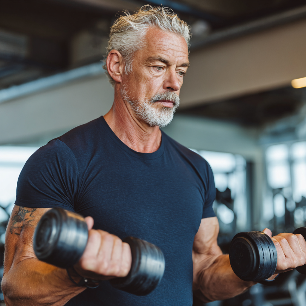 Зрілий чоловік 55 років виконує силові вправи з гантелями в сучасному фітнес-залі, демонструючи правильну техніку та концентрацію